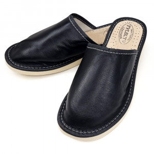 Papuci de casă eleganți din piele naturală pentru femei, model Select Mistery. Culoare negru, talpă groasă, design minimalist.