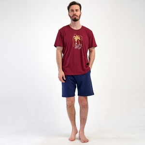 Pijama Bărbați Mărimi Mari din Bumbac 100% Vienetta, Model 'Waves' Burgundy | Pantaloni cu Buzunare