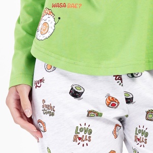 Pijama Dama din Bumbac 100% Vienetta, Model 'WasaBae'. Prezentare pijama detaliu pantalon.