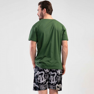 Pijamale Barbati din Bumbac cu Pantalon Scurt Vienetta | MAN Model 'Mystical Dragon' Green