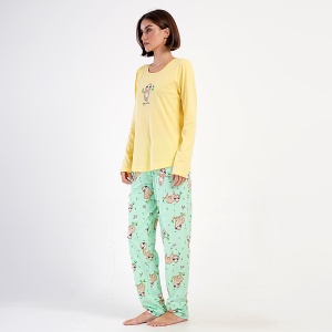 Pijamale Dama din Bumbac 100% Vienetta, Model 'Funny Day' Yellow. Prezentare pijama din semiprofil.