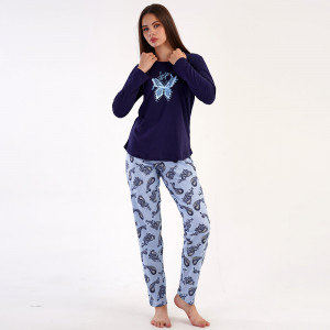 Pijamale Dama din Bumbac 100% Vienetta, Model 'Shine Bright' Dark Blue