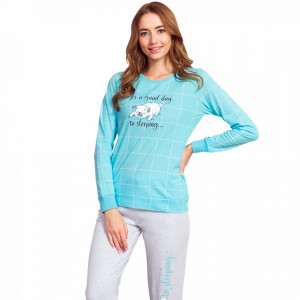 Pijamale Dama din Bumbac Vienetta Model 'It's a Good Day to Sleeping' Blue