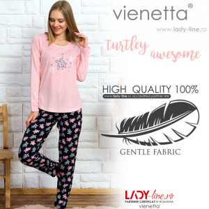 Pijamale Dama din Bumbac Vienetta Model 'Turtley Awesome' Pink
