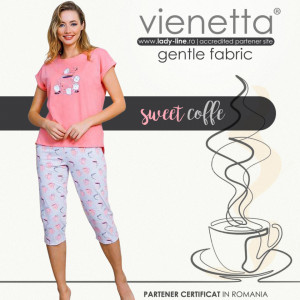Pijamale Dama Vienetta din Bumbac cu Pantalon 3/4 Model 'Sweet Coffee' Pink