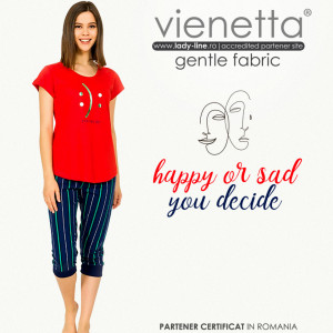 Pijamale Dama Vienetta din Bumbac Model 'Happy or Sad You Decide' Red