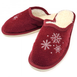 Papuci de Casa din Postav Imblaniti cu Lana de Oaie 'Rustic Snowfall' Burgundy