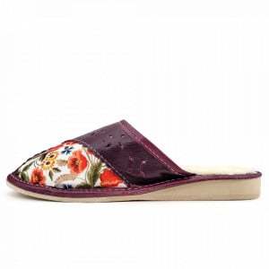 Papuci de Casa din Piele Imblaniti cu Lana Model 'Walking on Flowers'