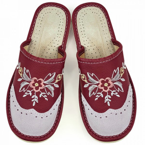 Women's Slippers, Leather Material, Burgundy Color, Model 'Summer London Brogue'