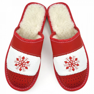 Leather Slippers with Wool Lining Model 'Snow in December' Red