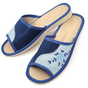 Papuci de Casă Damă din Piele Naturală, Model 'Flower Soul' Blue - Colecția de Vară