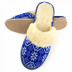 Papuci de Casa Dama Imblaniti cu Lana de Oaie Model 'Blue Tradition'