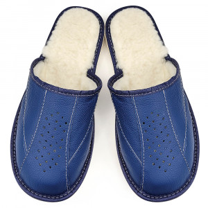 Papuci de Casa din Piele Imblaniti cu Lana Culoare Maro Model 'Monte Carlo' Blue