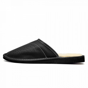 Papuci de Casa din Piele Imblaniti cu Lana Culoare Negru Model 'Deep Black'