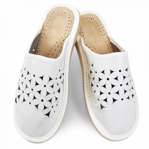 Papuci de Casa Vara din Piele Culoare Alb Model 'White Flowers'