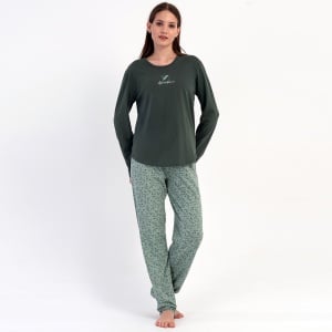 Pijama Damă din Bumbac 100% Vienetta, Model 'Adventure' Dark Green