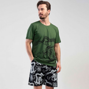 Pijamale Barbati din Bumbac cu Pantalon Scurt Vienetta | MAN Model 'Mystical Dragon' Green
