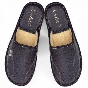 Premium Genuine Leather Slippers with Wool Lining, Model 'Morocco' Dark Brown