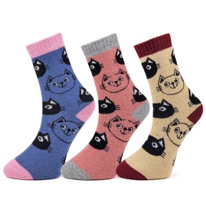 Set 3 Perechi Șosete Damă din Lână de Alpaca - Cat Lover - Soft Pastel Edition - Design Vesel cu Pisicuțe