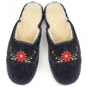 Sheepskin Fur-Lined Cloth Slippers 'Retro Bouquet' Black