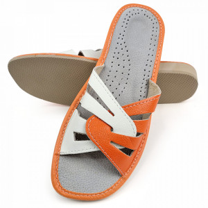 Papuci de Casa Vara din Piele Culoare Alb/Negru Model 'Sunny Summer' Orange
