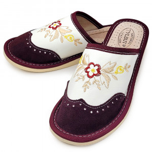 Papuci de Casa din Piele Culoare Alb, Model 'Summer London Brogue' Burgundy