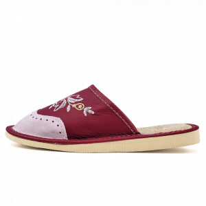 Papuci de Casa Dama Material Piele Culoare Visiniu, Model 'Summer London Brogue'