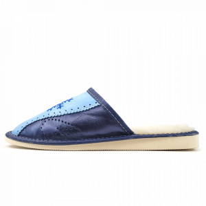 Papuci de Casa Dama Imblaniti cu Lana de Oaie Model 'Frozen Winter' Blue