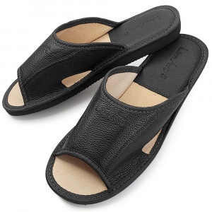 Black Thick Sole Leather Slippers, Model 'Luxury Man' Black