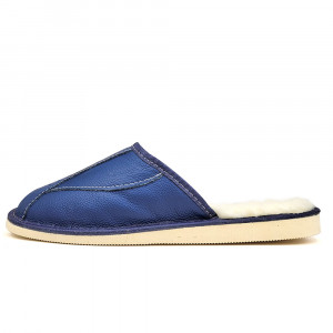 Papuci de Casa din Piele Imblaniti cu Lana Culoare Maro Model 'Monte Carlo' Blue