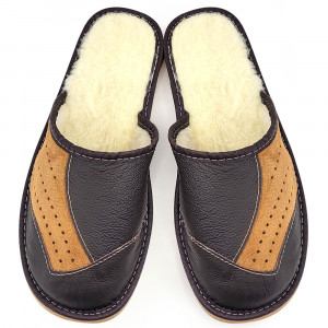 Brown Wool-Lined Leather Slippers 'Velvet Earth' Model