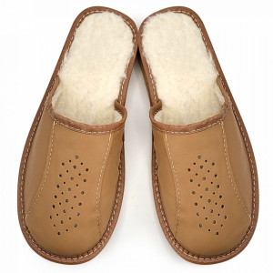 Cream-Colored Wool-Lined Leather Slippers 'Namibia' Model