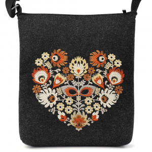 Geanta din Postav cu Maner Lung Model 'Flower Heartbeats' Sepia