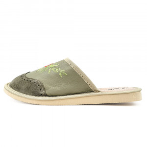Papuci de Casa din Piele Culoare Verde, Model 'Summer London Brogue' Kaki
