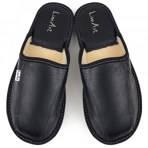 Leather Slippers with Wool Lining, Model 'Luxury Man' Black