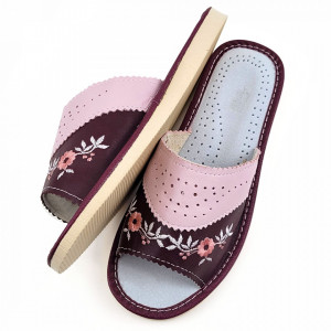 Papuci de Casa Dama Material Piele Culoare Visiniu/Roz Model 'Spring Mood'