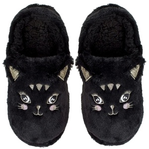 Papuci de Casă din Blană Artificială cu Urechi 'Black Kitty' | Foarte Pufoși și Jucăuși