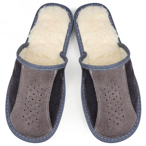 Papuci de Casa din Piele Imblaniti cu Lana Culoare Maro Model 'Tennessee' Gray