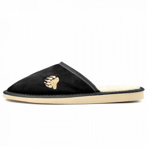 Papuci de Casa din Piele Imblaniti cu Lana Naturala Model 'Touching Bear' Black