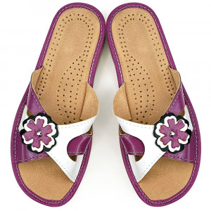 Papuci de Casa Vara din Piele Culoare Alb/Violet Model 'Anemone'