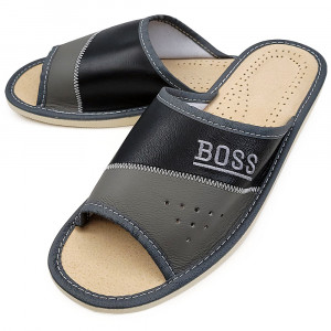 Papuci de Casa Vara din Piele Culoare Negru Model 'Boss' 