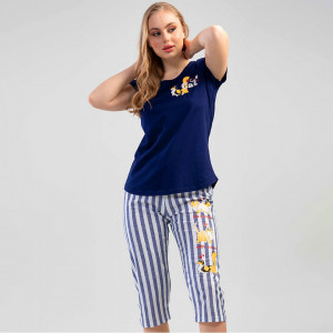Pijamale Dama Vienetta din Bumbac 100%, Model 'Cute Cat' Blue