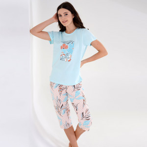 Pijamale Dama Vienetta din Bumbac 100%, Model 'Nostalgic Life' Blue