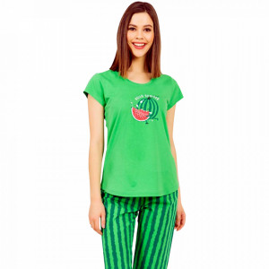 Pijamale Dama Vienetta din Bumbac cu Pantalon 3/4 Model 'Hello Summer' Green