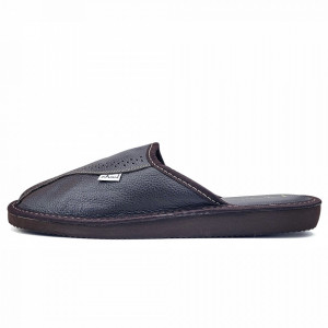 Papuci de Casa Premium din Piele Naturala Imblaniti cu Lana Model 'Morocco' Dark Brown