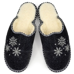Sheepskin Fur-lined Cloth Slippers 'Snowflake Slippers' Black