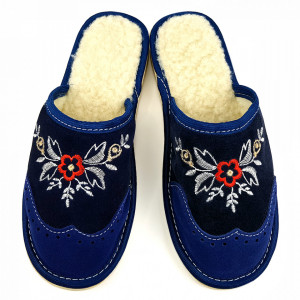 Suede Slippers with Wool Lining Model 'London Brogue Inspire' Dark Blue