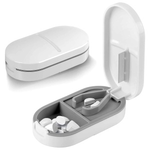 White 2-Slot Medicine Organizer with Cutting Knife | Efficient Storage, Precise Cutting