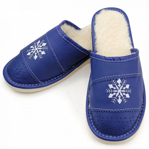 Papuci de Casa din Piele si Lana de Oaie Culoare Alb Model 'Suflet Pur' Dark Blue
