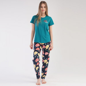 Pijamale Dama din Bumbac Vienetta, Model 'Be Strong' Green